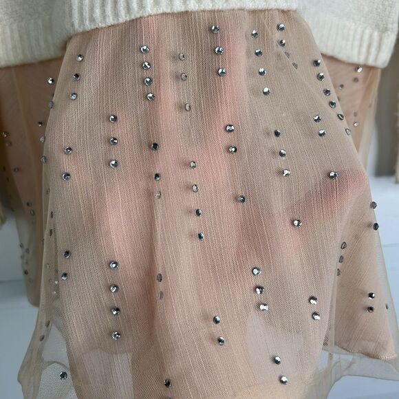 Anthropologie Ivory Cable-Knit Sweater w/ Rhinestone Peach Tulle – Size XS - Picture 9 of 16